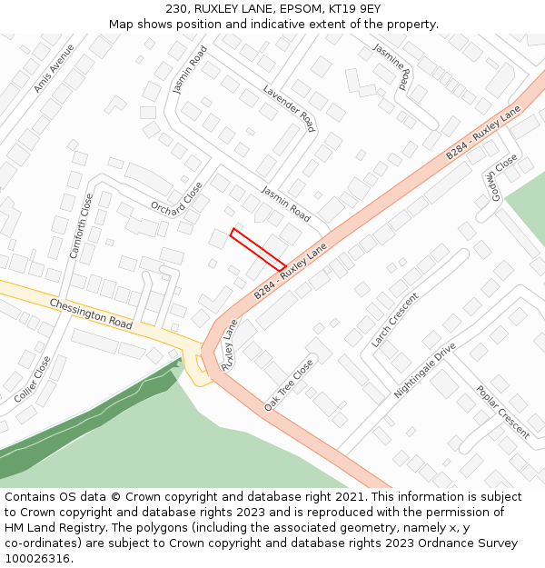 230, RUXLEY LANE, EPSOM, KT19 9EY: Location map and indicative extent of plot