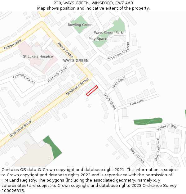 230, WAYS GREEN, WINSFORD, CW7 4AR: Location map and indicative extent of plot