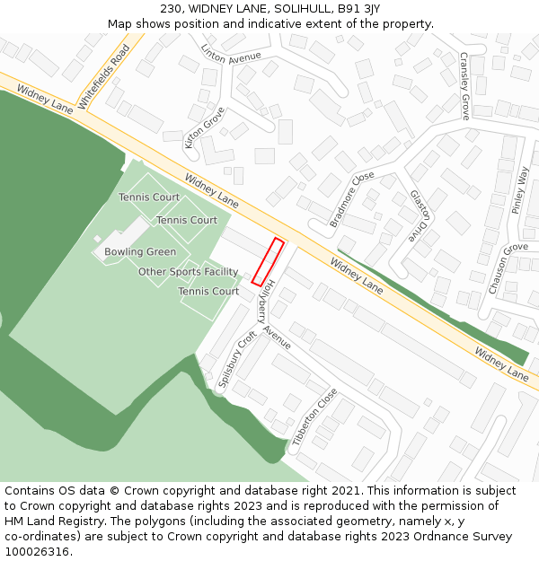 230, WIDNEY LANE, SOLIHULL, B91 3JY: Location map and indicative extent of plot