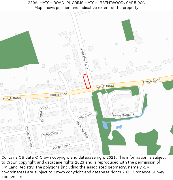 230A, HATCH ROAD, PILGRIMS HATCH, BRENTWOOD, CM15 9QN: Location map and indicative extent of plot