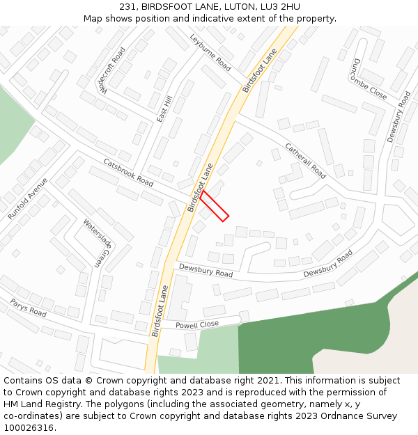 231, BIRDSFOOT LANE, LUTON, LU3 2HU: Location map and indicative extent of plot