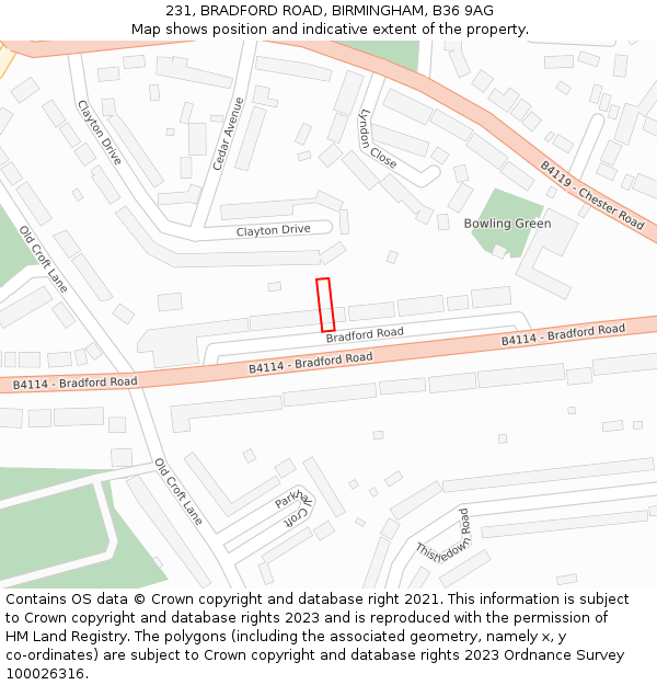 231, BRADFORD ROAD, BIRMINGHAM, B36 9AG: Location map and indicative extent of plot