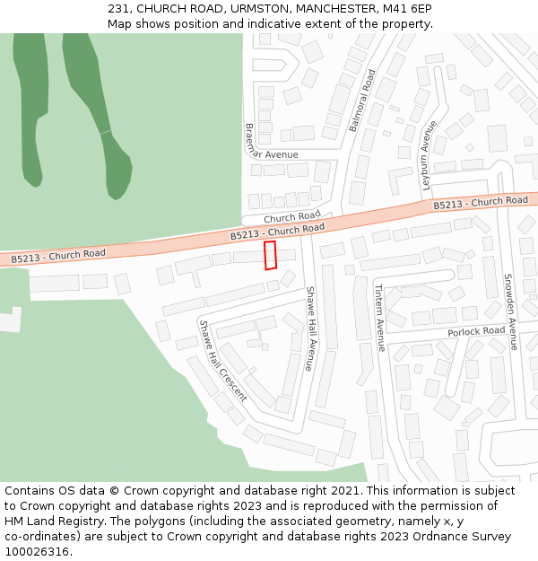 231, CHURCH ROAD, URMSTON, MANCHESTER, M41 6EP: Location map and indicative extent of plot