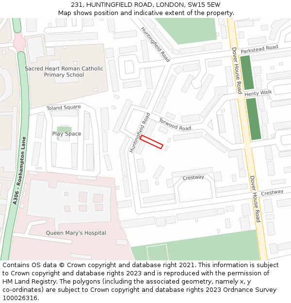 231, HUNTINGFIELD ROAD, LONDON, SW15 5EW: Location map and indicative extent of plot
