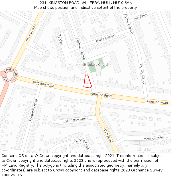 231, KINGSTON ROAD, WILLERBY, HULL, HU10 6AN: Location map and indicative extent of plot