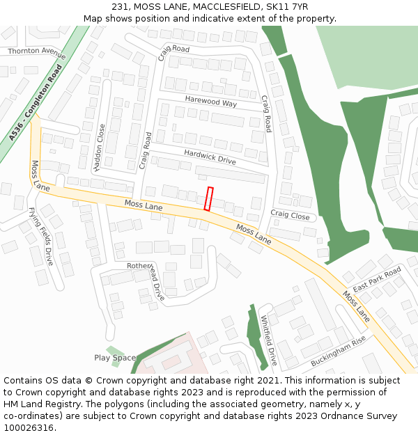 231, MOSS LANE, MACCLESFIELD, SK11 7YR: Location map and indicative extent of plot