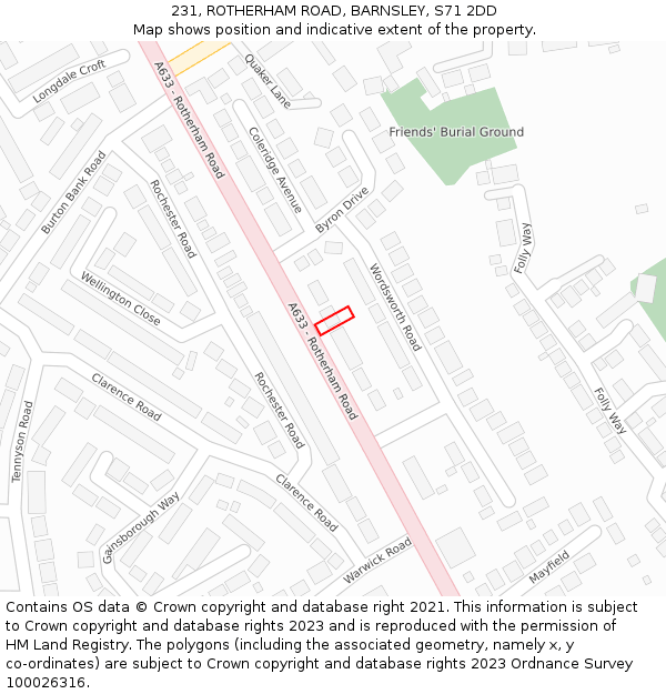 231, ROTHERHAM ROAD, BARNSLEY, S71 2DD: Location map and indicative extent of plot