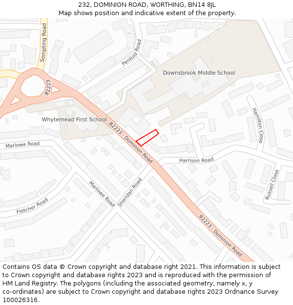 232, DOMINION ROAD, WORTHING, BN14 8JL: Location map and indicative extent of plot
