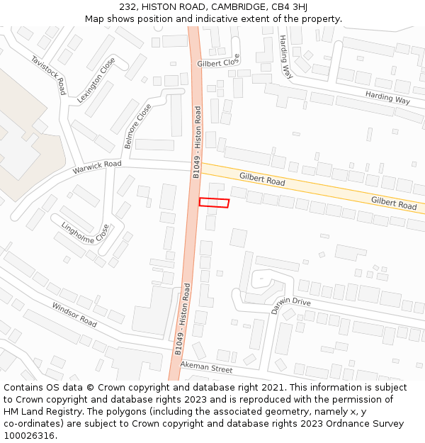 232, HISTON ROAD, CAMBRIDGE, CB4 3HJ: Location map and indicative extent of plot