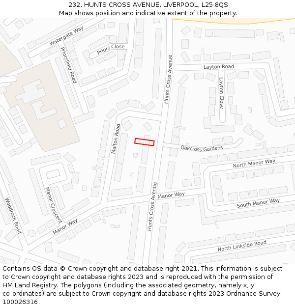 232, HUNTS CROSS AVENUE, LIVERPOOL, L25 8QS: Location map and indicative extent of plot