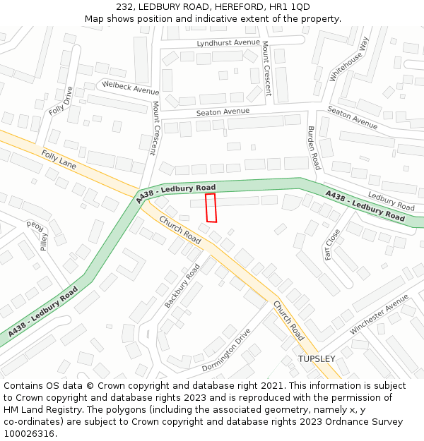 232, LEDBURY ROAD, HEREFORD, HR1 1QD: Location map and indicative extent of plot