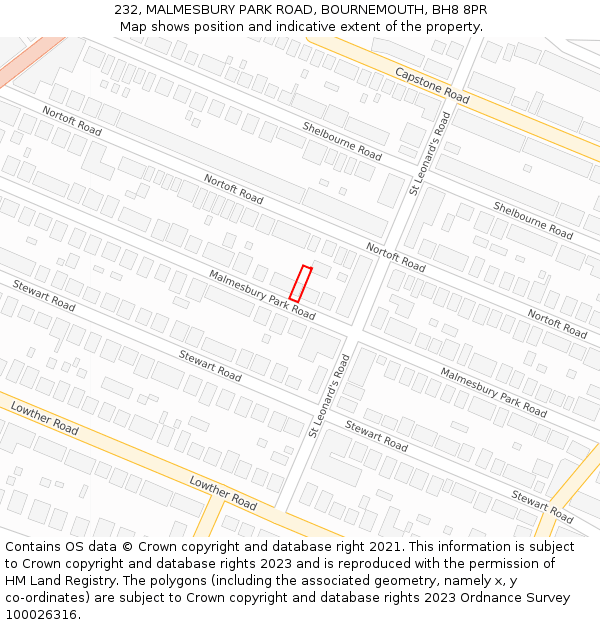 232, MALMESBURY PARK ROAD, BOURNEMOUTH, BH8 8PR: Location map and indicative extent of plot