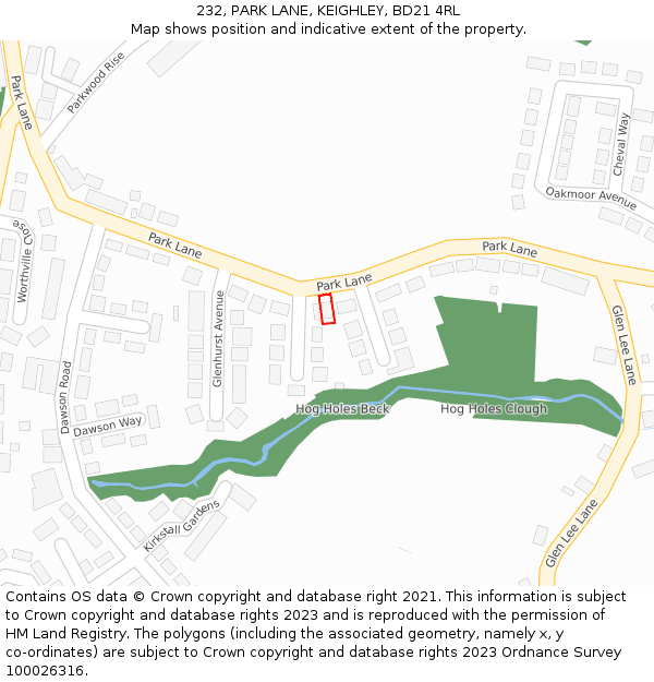 232, PARK LANE, KEIGHLEY, BD21 4RL: Location map and indicative extent of plot