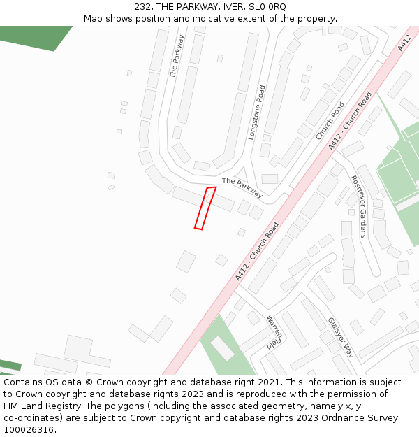 232, THE PARKWAY, IVER, SL0 0RQ: Location map and indicative extent of plot
