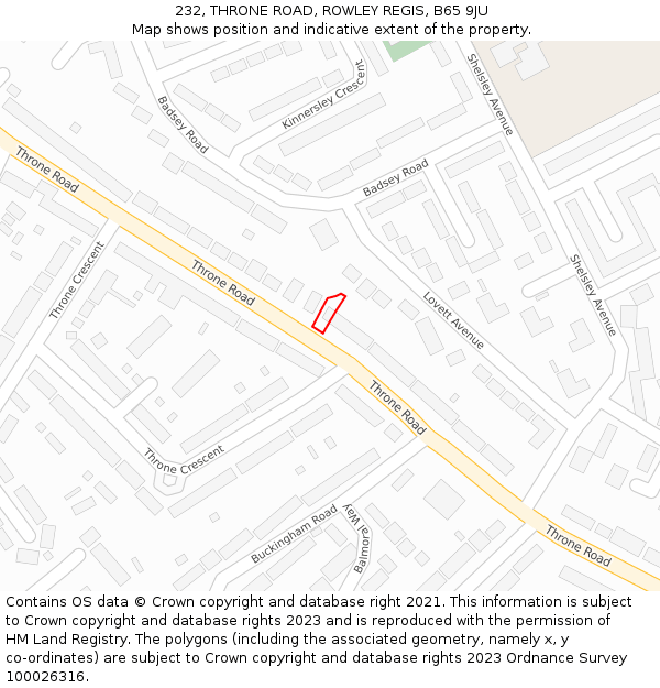 232, THRONE ROAD, ROWLEY REGIS, B65 9JU: Location map and indicative extent of plot