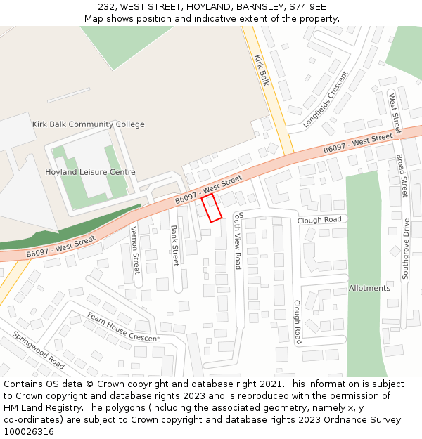 232, WEST STREET, HOYLAND, BARNSLEY, S74 9EE: Location map and indicative extent of plot