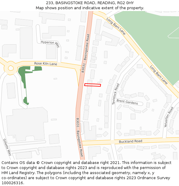 233, BASINGSTOKE ROAD, READING, RG2 0HY: Location map and indicative extent of plot