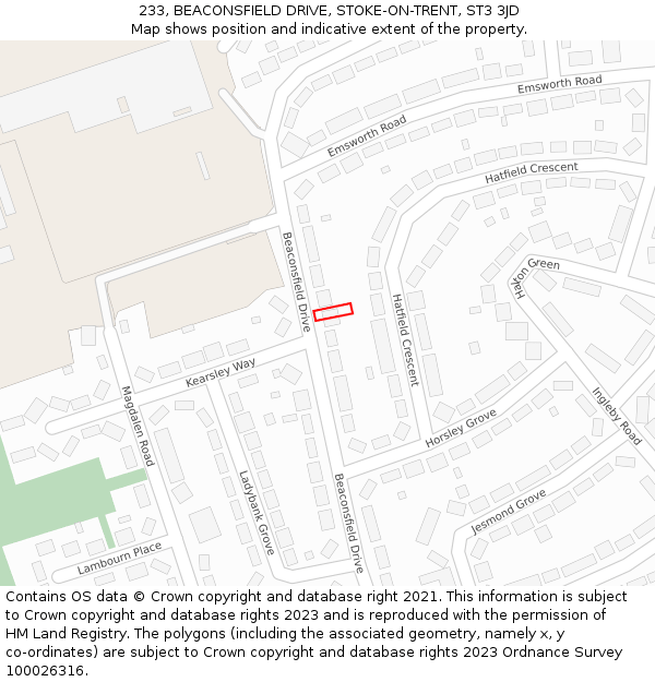 233, BEACONSFIELD DRIVE, STOKE-ON-TRENT, ST3 3JD: Location map and indicative extent of plot