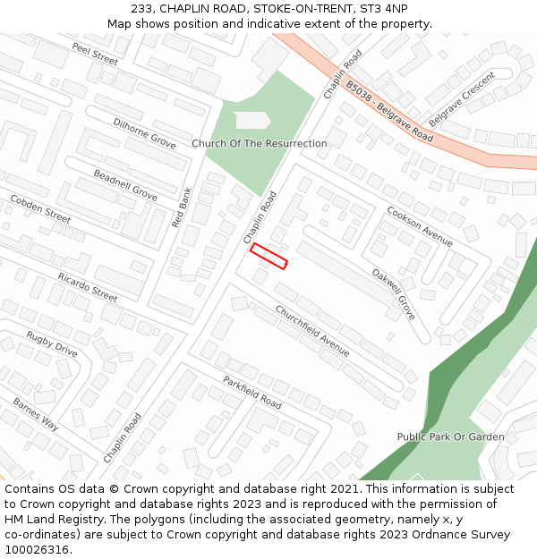 233, CHAPLIN ROAD, STOKE-ON-TRENT, ST3 4NP: Location map and indicative extent of plot