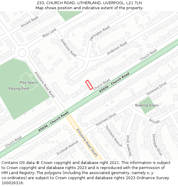 233, CHURCH ROAD, LITHERLAND, LIVERPOOL, L21 7LN: Location map and indicative extent of plot