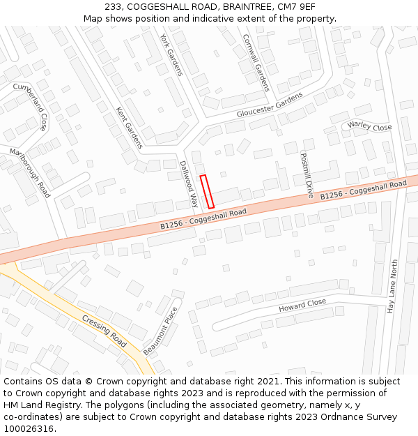 233, COGGESHALL ROAD, BRAINTREE, CM7 9EF: Location map and indicative extent of plot