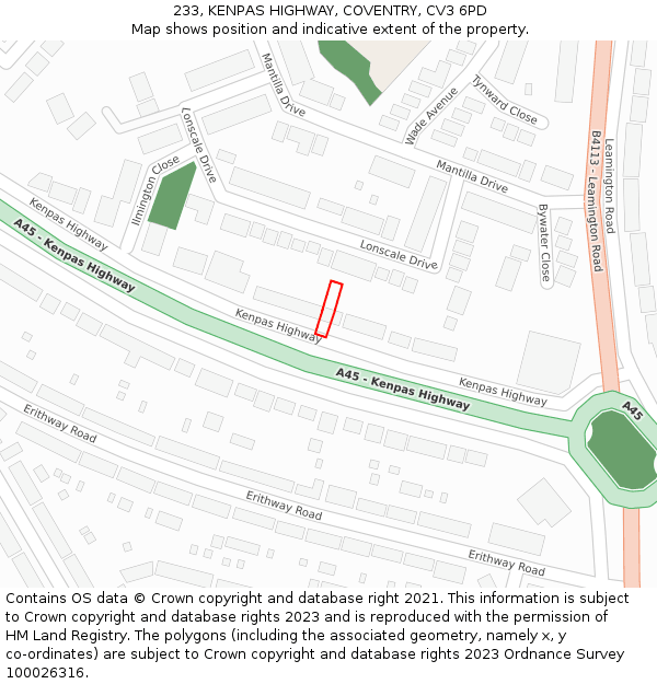 233, KENPAS HIGHWAY, COVENTRY, CV3 6PD: Location map and indicative extent of plot