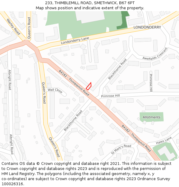 233, THIMBLEMILL ROAD, SMETHWICK, B67 6PT: Location map and indicative extent of plot