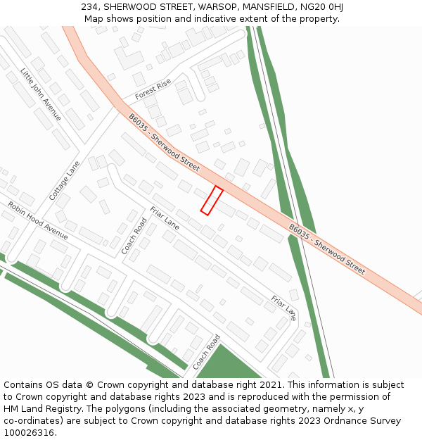 234, SHERWOOD STREET, WARSOP, MANSFIELD, NG20 0HJ: Location map and indicative extent of plot