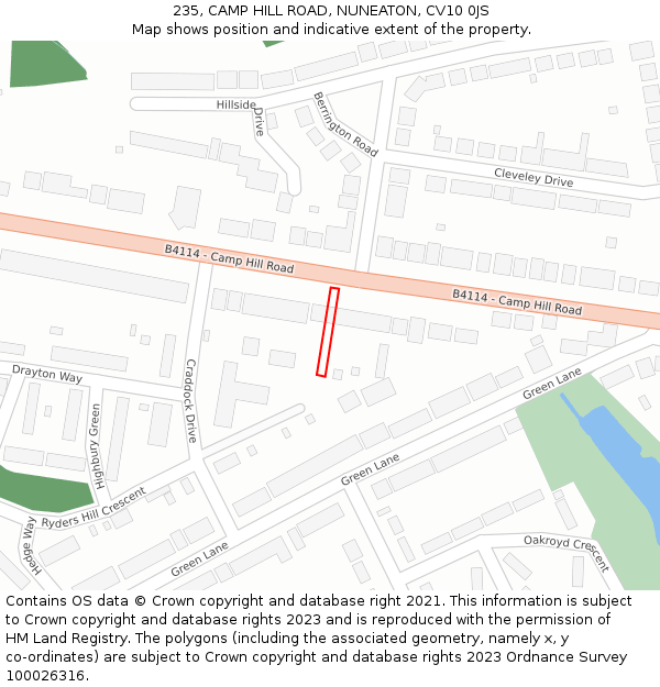 235, CAMP HILL ROAD, NUNEATON, CV10 0JS: Location map and indicative extent of plot