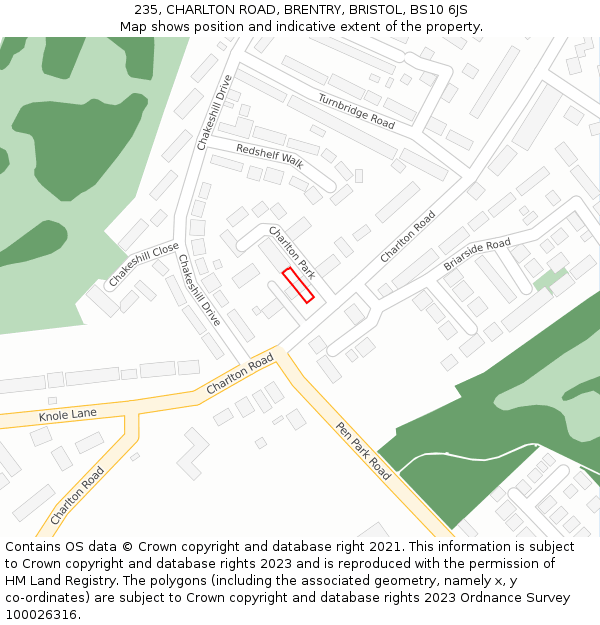 235, CHARLTON ROAD, BRENTRY, BRISTOL, BS10 6JS: Location map and indicative extent of plot