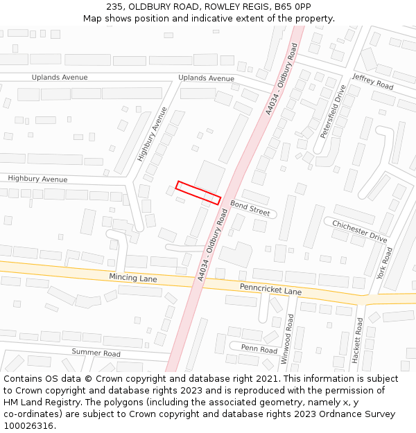 235, OLDBURY ROAD, ROWLEY REGIS, B65 0PP: Location map and indicative extent of plot