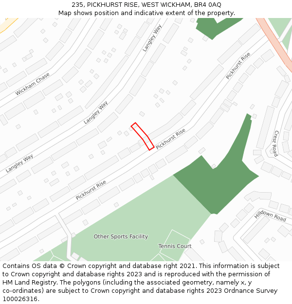 235, PICKHURST RISE, WEST WICKHAM, BR4 0AQ: Location map and indicative extent of plot