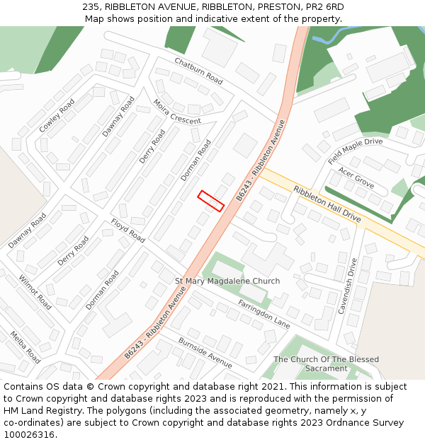 235, RIBBLETON AVENUE, RIBBLETON, PRESTON, PR2 6RD: Location map and indicative extent of plot