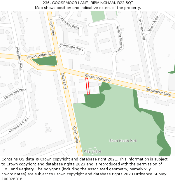 236, GOOSEMOOR LANE, BIRMINGHAM, B23 5QT: Location map and indicative extent of plot