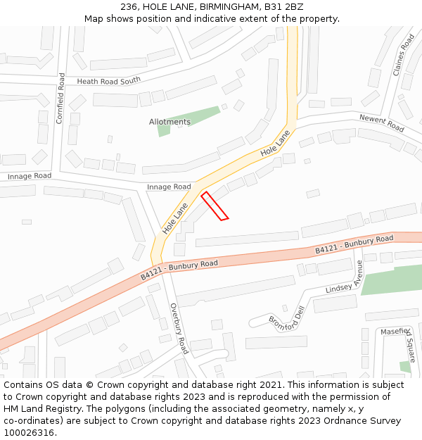 236, HOLE LANE, BIRMINGHAM, B31 2BZ: Location map and indicative extent of plot