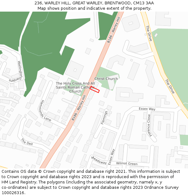 236, WARLEY HILL, GREAT WARLEY, BRENTWOOD, CM13 3AA: Location map and indicative extent of plot