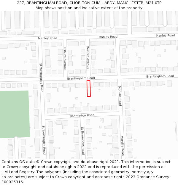 237, BRANTINGHAM ROAD, CHORLTON CUM HARDY, MANCHESTER, M21 0TP: Location map and indicative extent of plot
