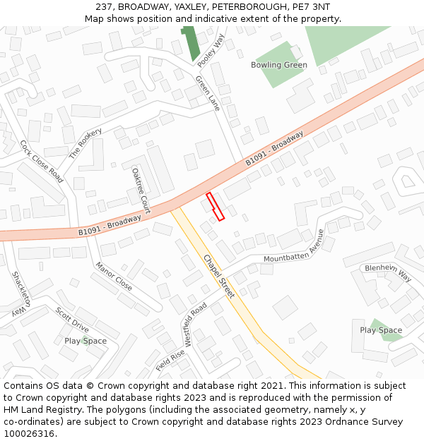 237, BROADWAY, YAXLEY, PETERBOROUGH, PE7 3NT: Location map and indicative extent of plot