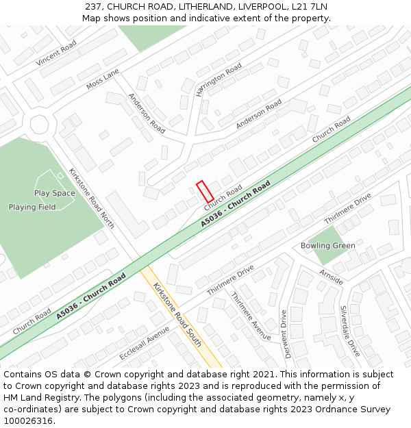 237, CHURCH ROAD, LITHERLAND, LIVERPOOL, L21 7LN: Location map and indicative extent of plot