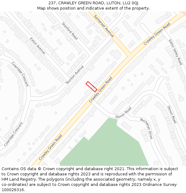 237, CRAWLEY GREEN ROAD, LUTON, LU2 0QJ: Location map and indicative extent of plot