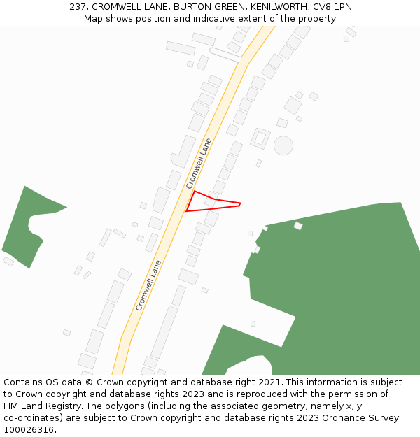 237, CROMWELL LANE, BURTON GREEN, KENILWORTH, CV8 1PN: Location map and indicative extent of plot