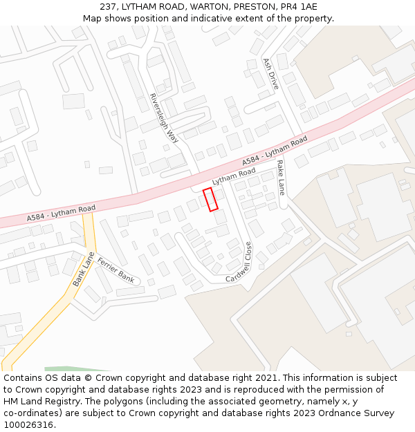 237, LYTHAM ROAD, WARTON, PRESTON, PR4 1AE: Location map and indicative extent of plot