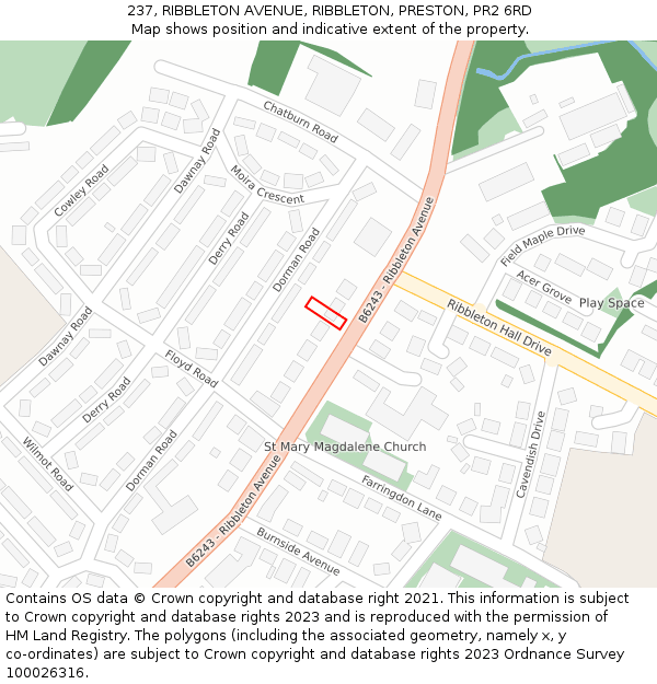 237, RIBBLETON AVENUE, RIBBLETON, PRESTON, PR2 6RD: Location map and indicative extent of plot