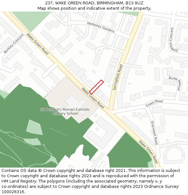 237, WAKE GREEN ROAD, BIRMINGHAM, B13 9UZ: Location map and indicative extent of plot