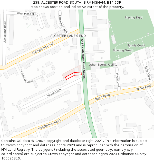 238, ALCESTER ROAD SOUTH, BIRMINGHAM, B14 6DR: Location map and indicative extent of plot