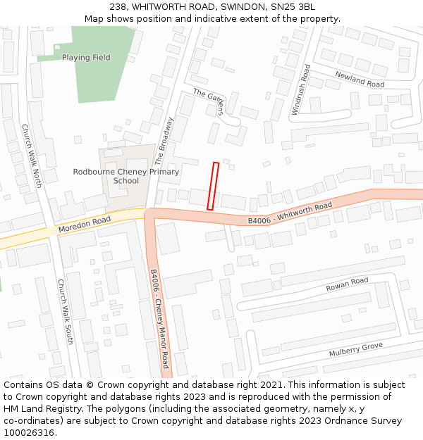 238, WHITWORTH ROAD, SWINDON, SN25 3BL: Location map and indicative extent of plot