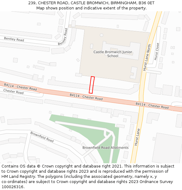 239, CHESTER ROAD, CASTLE BROMWICH, BIRMINGHAM, B36 0ET: Location map and indicative extent of plot