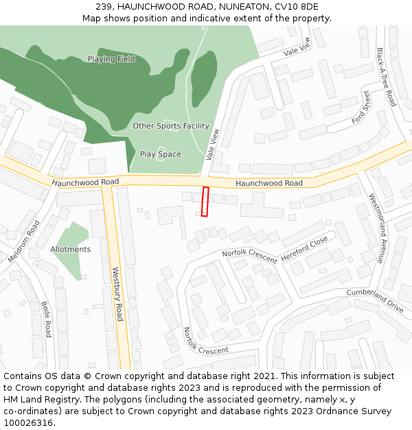 239, HAUNCHWOOD ROAD, NUNEATON, CV10 8DE: Location map and indicative extent of plot