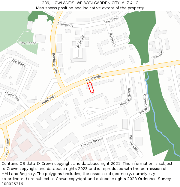239, HOWLANDS, WELWYN GARDEN CITY, AL7 4HG: Location map and indicative extent of plot