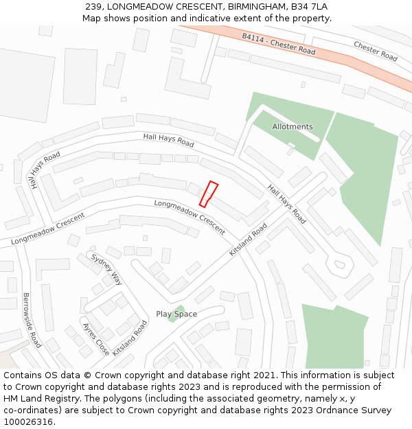 239, LONGMEADOW CRESCENT, BIRMINGHAM, B34 7LA: Location map and indicative extent of plot